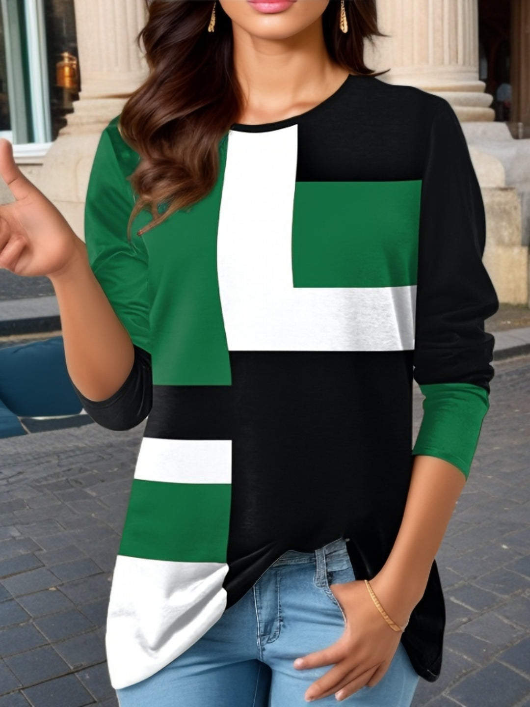 Damen nan geometrisches Colorblock Longsleeve-Tunika-Oberteil mit Rundhalsausschnitt und asymmetrischem Saum Echo Archiv
