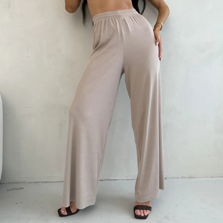 Damen weite High-Waist Palazzo-Hose aus geripptem Jersey mit elastischem Bund – Avélisse