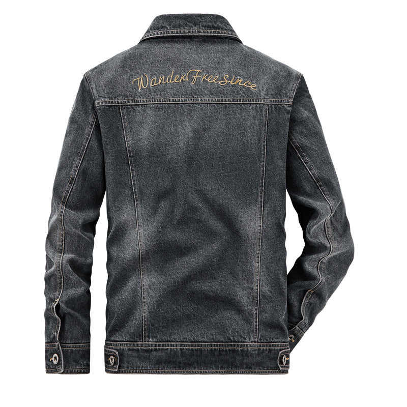 Herren gewaschene Denim-Workerjacke mit bedrucktem Innenfutter und Brustpattentaschen Echoarchiv