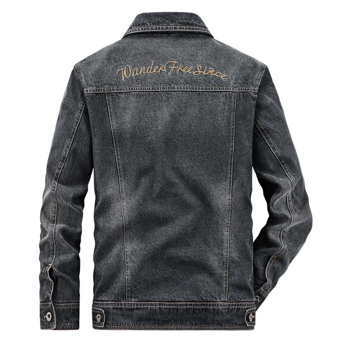 Herren gewaschene Denim-Workerjacke mit bedrucktem Innenfutter und Brustpattentaschen Echoarchiv