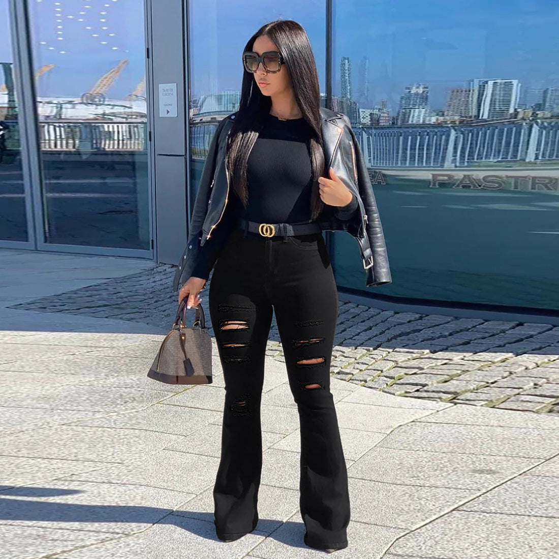 Damen High-Waist Schlaghose im Stretch-Denim mit mehrfachem Destroyed-Effekt Echo Archiv