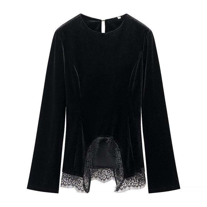 Damen Samtbluse mit Spitzen-Insert und asymmetrischem Spitzensaum Echo Archiv