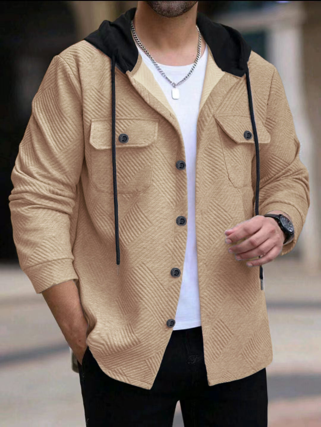 Herren lässige Utility-Jacke mit Kapuze und strukturiertem Muster Echoarchiv
