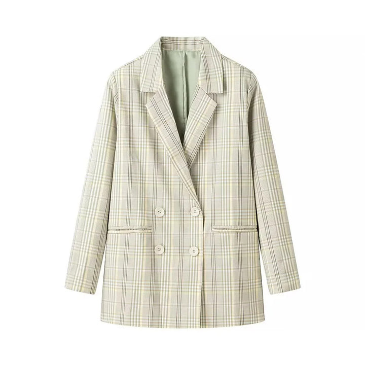 Damen oversized karierten zweireihigen Blazer mit Reverskragen und Pattentaschen – Valéne