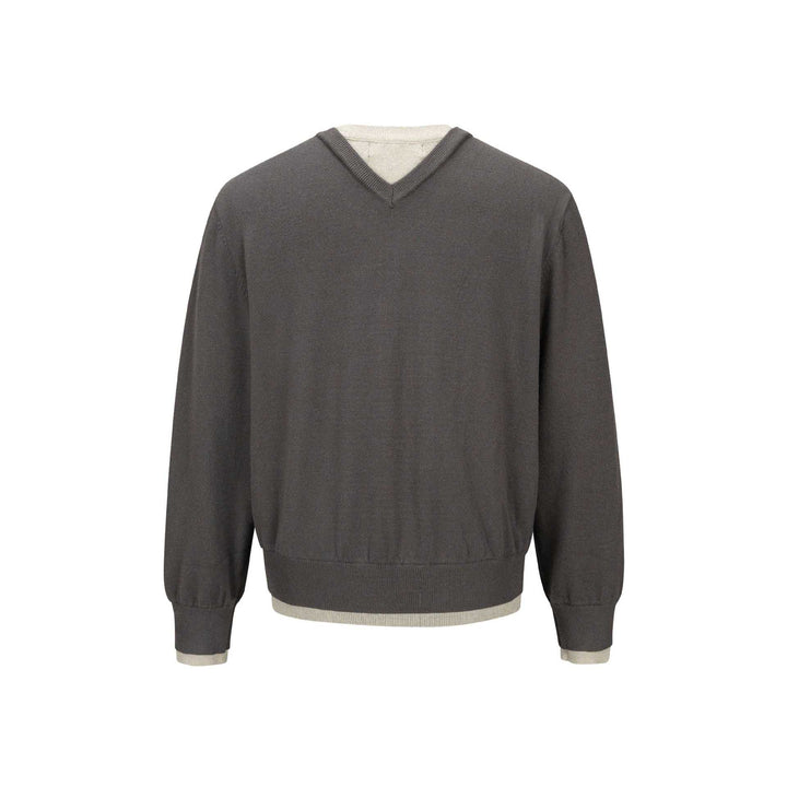 Herren V‑Neck Feinstrickpullover mit integriertem Henley‑Detail und elastischem Bund Echoarchiv