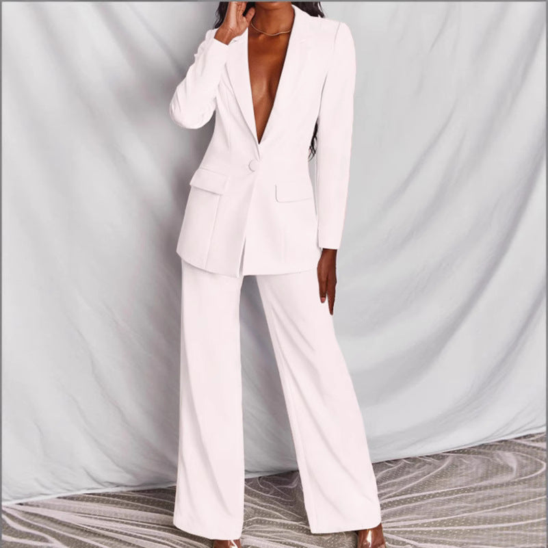 Damen nan taillierter Ein-Knopf-Blazer mit Pattentaschen und weiter Palazzo-Hose Hosenanzug Echo Archiv