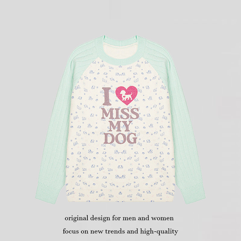 Damen Strickpullover mit Raglanärmeln, Allover-Hundemotiv und Statement-Print Echoarchiv