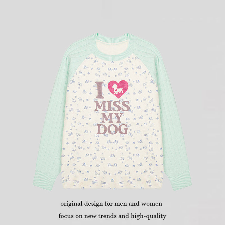 Damen Strickpullover mit Raglanärmeln, Allover-Hundemotiv und Statement-Print Echoarchiv