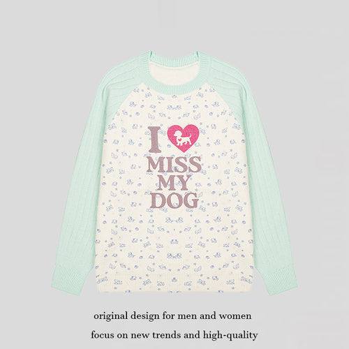 Damen Strickpullover mit Raglanärmeln, Allover-Hundemotiv und Statement-Print Echoarchiv