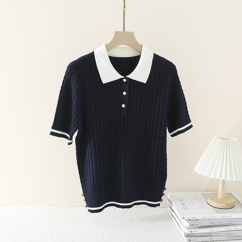 Damen Kurzarm Strickpoloshirt mit Zopfmuster und Kontrastkragen Echo Archiv