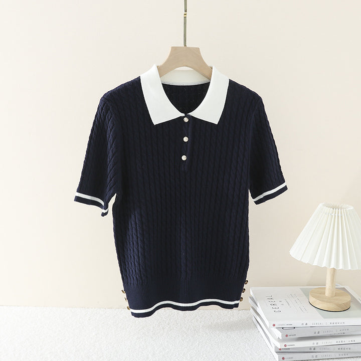 Damen Kurzarm Strickpoloshirt mit Zopfmuster und Kontrastkragen Echo Archiv