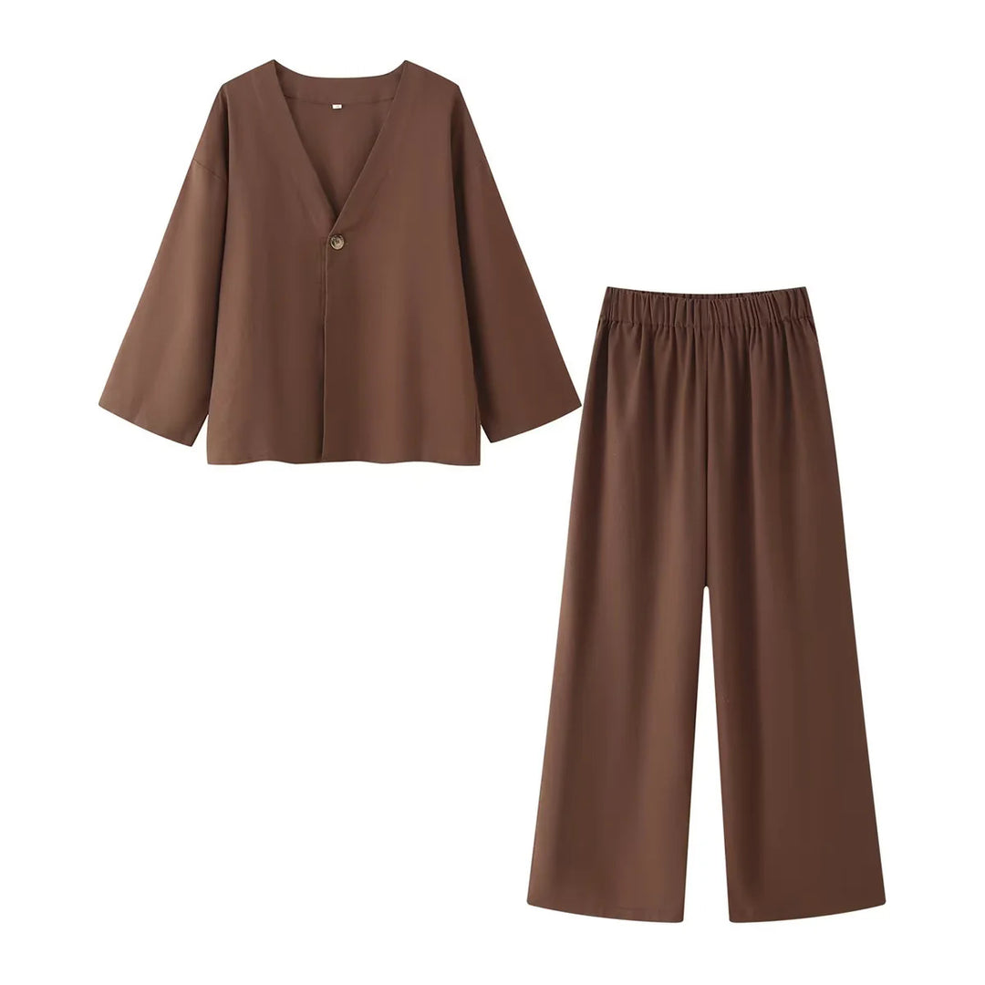 Damen lässiges Zweiteiler-Set mit V‑Ausschnitt Bluse und weitem Bundhose – Élanora