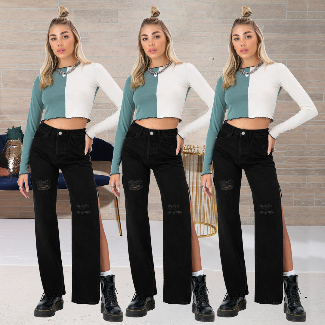 Damen hochgeschnittene Straight-Jeans mit seitlichem Beinschlitz und dezenten Rissen Echo Archiv