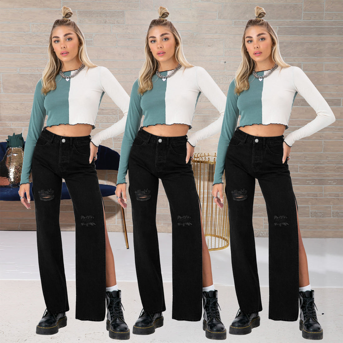 Damen hochgeschnittene Straight-Jeans mit seitlichem Beinschlitz und dezenten Rissen Echo Archiv