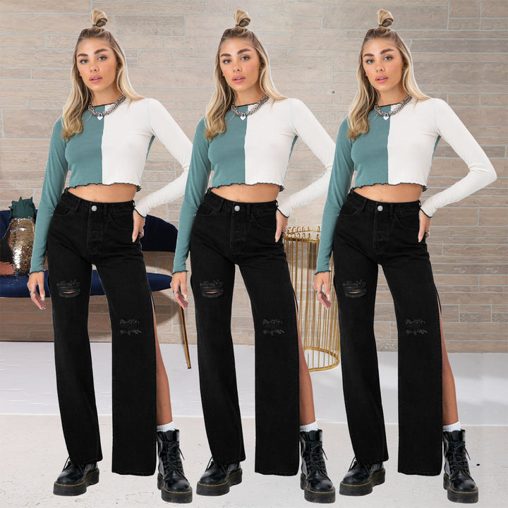 Damen hochgeschnittene Straight-Jeans mit seitlichem Beinschlitz und dezenten Rissen Echo Archiv