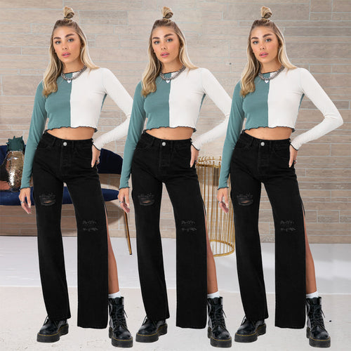 Damen hochgeschnittene Straight-Jeans mit seitlichem Beinschlitz und dezenten Rissen Echo Archiv
