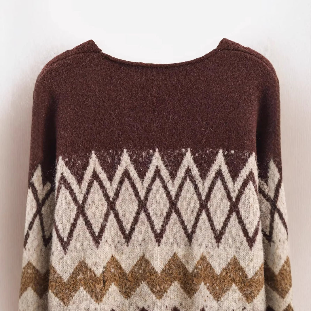 Damen Oversize Strickcardigan mit Norweger‑Muster, V‑Ausschnitt, Knopfleiste und Taillenbindegürtel – Veloura