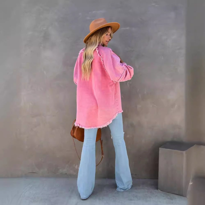 Damen nan oversized Hemdjacke im Used‑Look mit ausgefransten Kanten und aufgesetzten Pattentaschen Echo Archiv