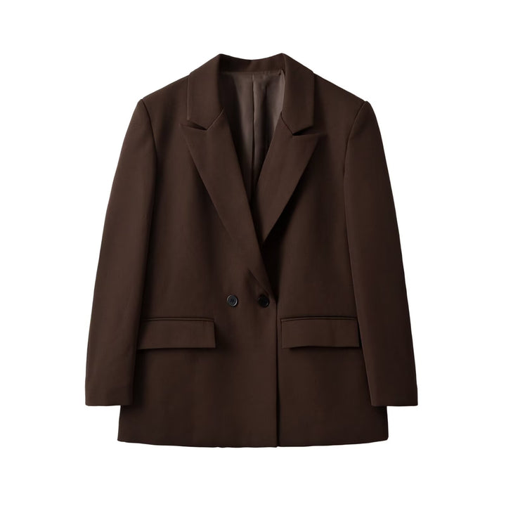 Damen Doppelreihiger Longblazer mit Reverskragen, tailliertem Schnitt und Pattentaschen Echoarchiv