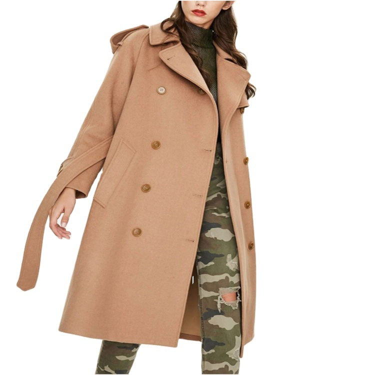 Damen Midilanger Doppelreihiger Wollmix‑Trenchcoat mit Epauletten und Taillengürtel Echoarchiv