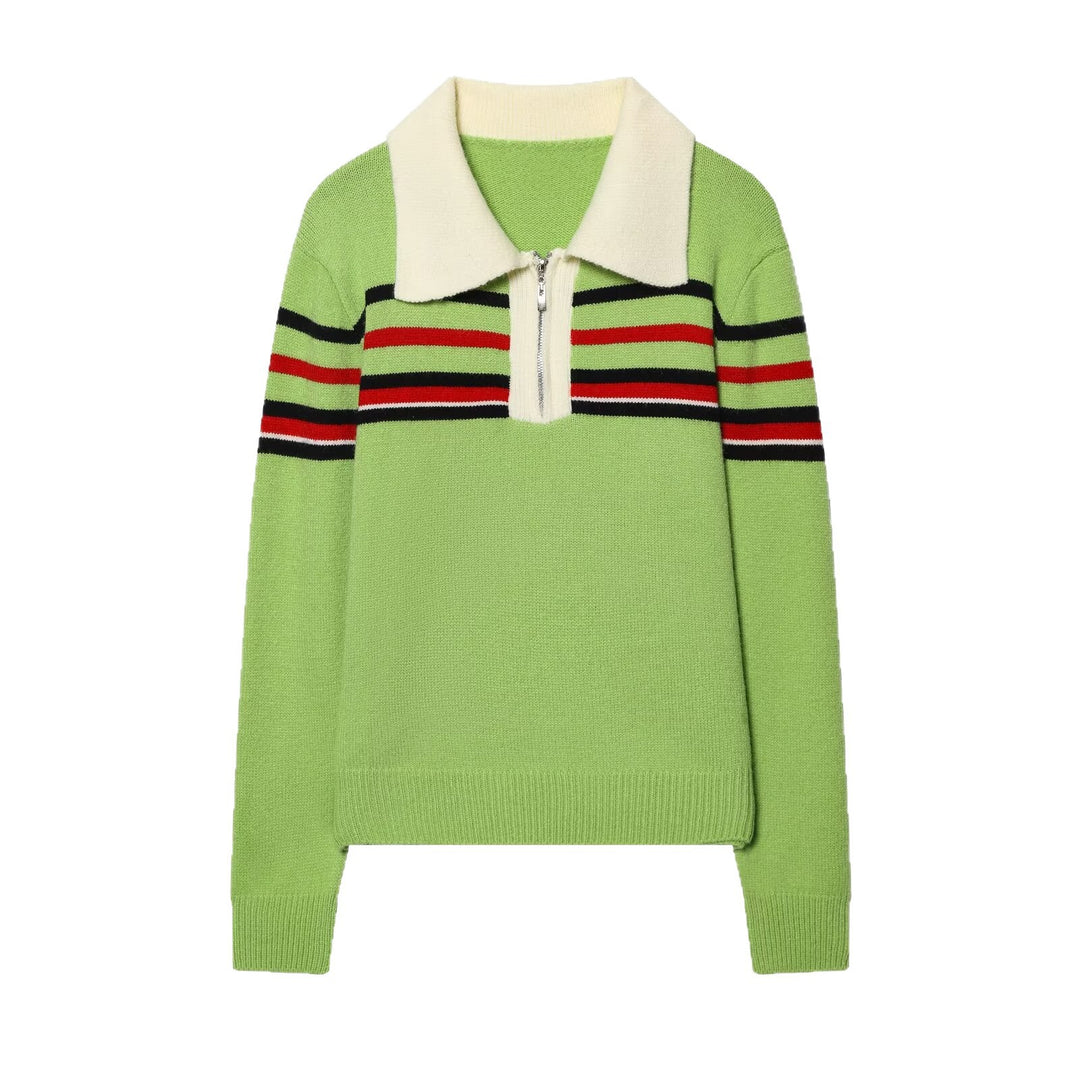Damen Gestreifter Strickpullover mit halbem Reißverschluss und großem Hemdkragen Echoarchiv