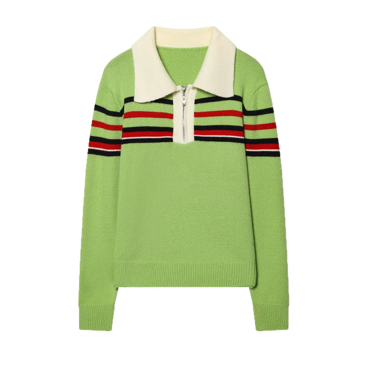 Damen Gestreifter Strickpullover mit halbem Reißverschluss und großem Hemdkragen Echoarchiv