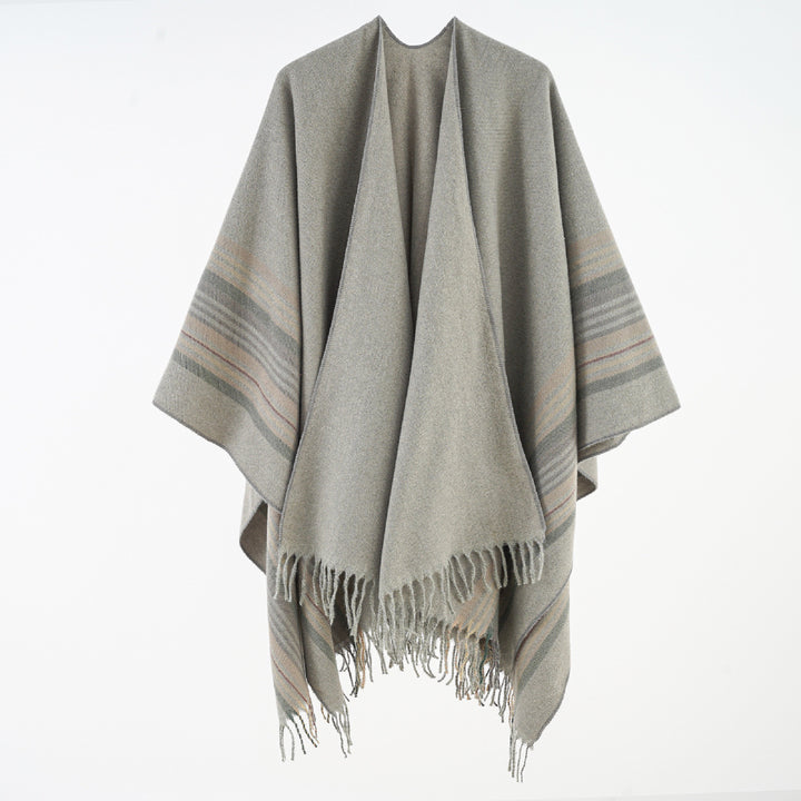 Damen Weichfallender Umlegeponcho mit gestreifter Bordüre und Fransensaum Echo Archiv