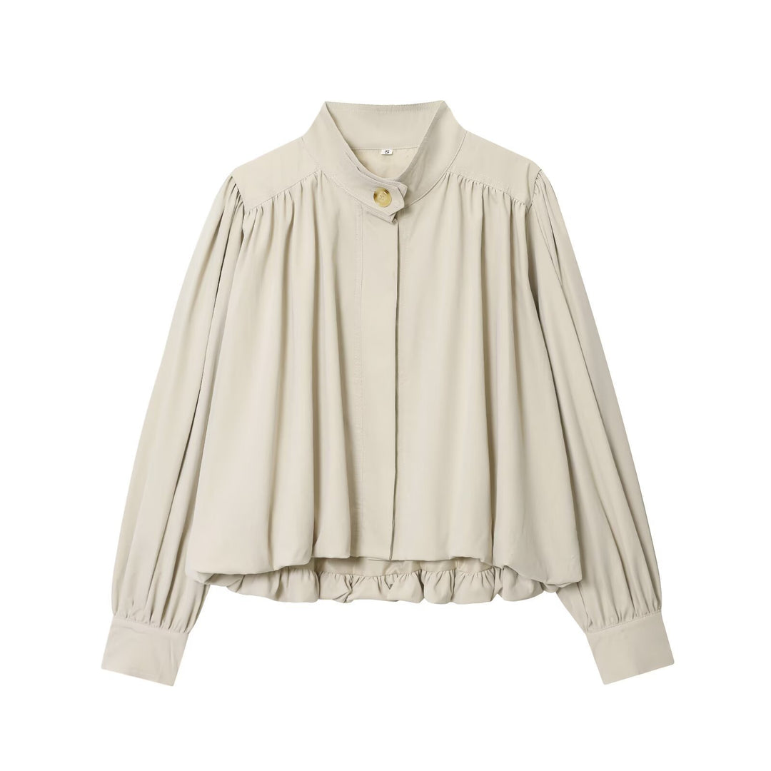 Damen Voluminöse Cropped-Bluse mit Stehkragen, Raffungen und elastischem Saum Echo Archiv