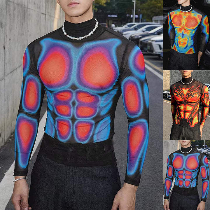 Herren Transparentes Mesh-Langarmshirt mit 3D-Muskeldruck Echoarchiv