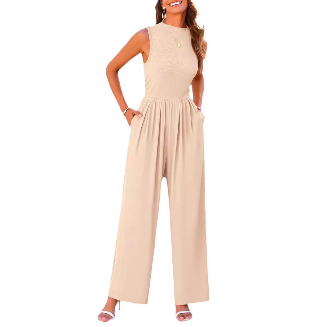 Damen Ärmelloser Palazzohose-Jumpsuit mit taillierter Rippenoberseite und weiten Plissé-Bein – Solévia
