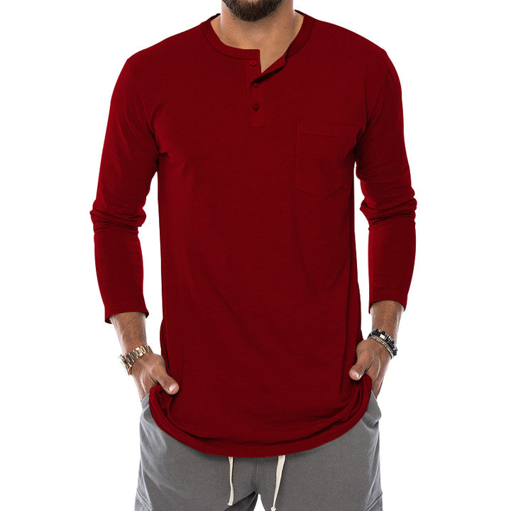 Herren Langarm-Henley-Shirt mit bequemen Knopfdetails und praktischer Brusttasche Echoarchiv