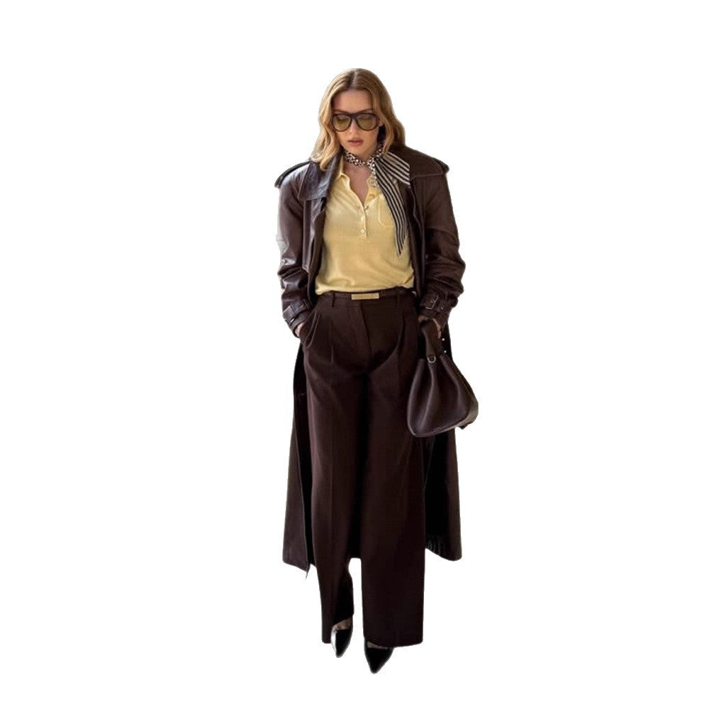 Damen Langer Trenchcoat aus Lederimitat mit Oversize-Schultern und taillierter Silhouette Echoarchiv
