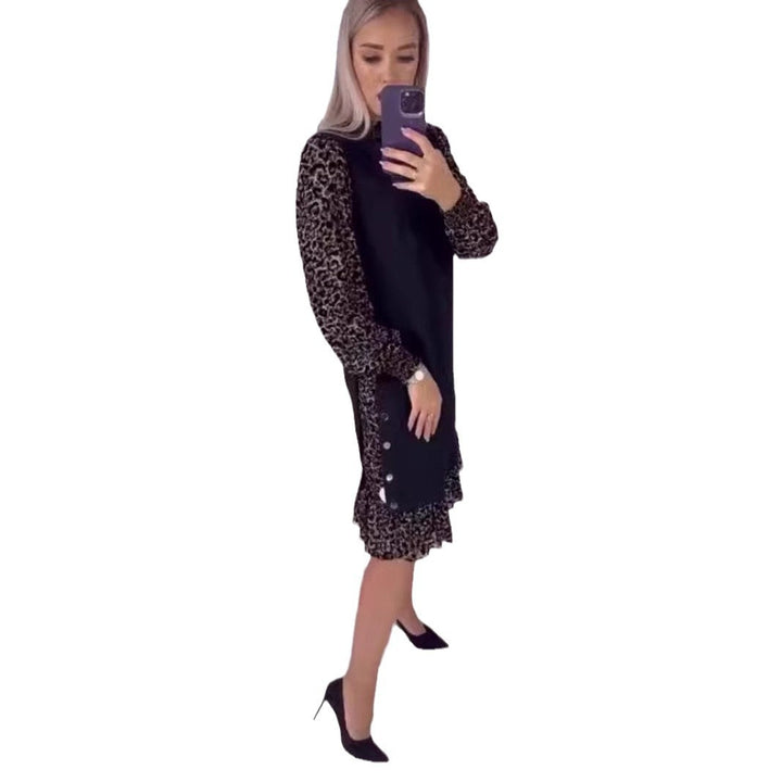 Damen nan zweilagiges Chiffon-Midikleid mit transparenten Tierprint-Ärmeln, Rüschen-Saum und seitlicher Knopfleiste Echo Archiv
