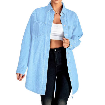 Damen Oversized Denim Hemdjacke mit aufgesetzten Taschen und lässiger Longline-Passform Echo Archiv
