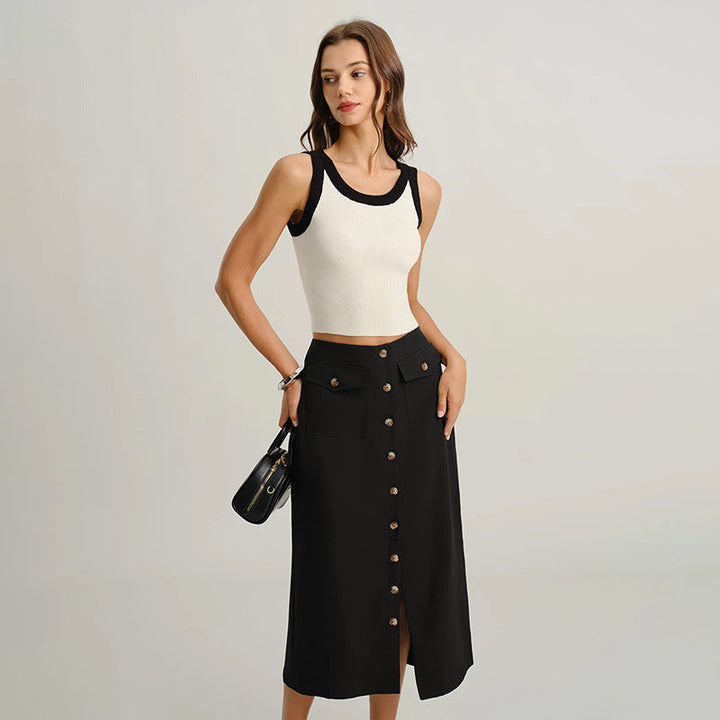 Damen Hochtaillierter Midirock mit durchgehender Knopfleiste, Pattentaschen und Frontschlitz Echoarchiv