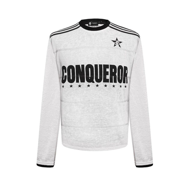 Damen Langarmshirt mit Statement-Print, Sportstreifen und strukturierter Slub-Optik Echoarchiv