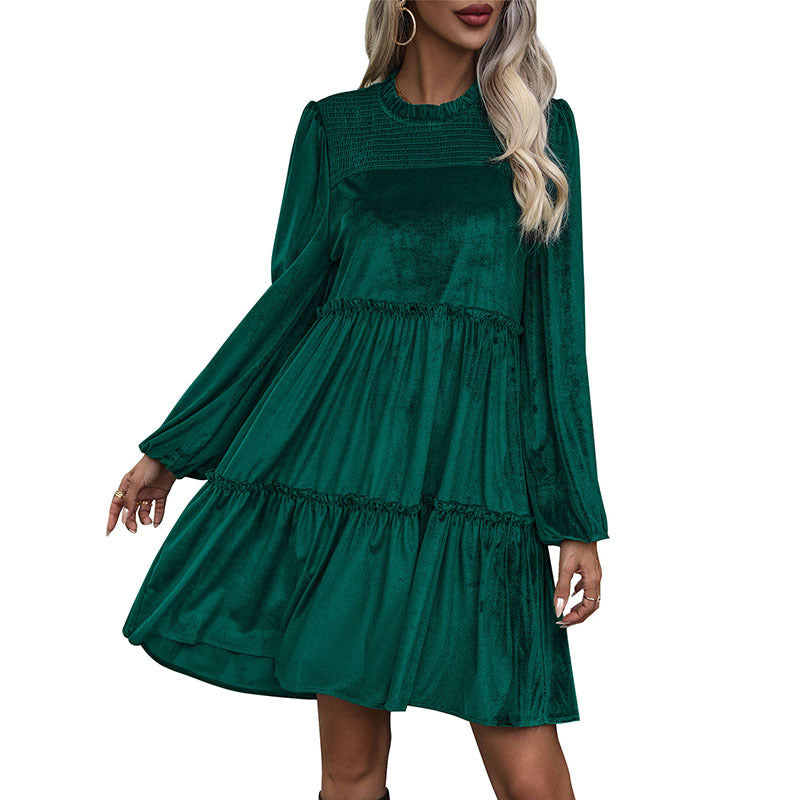 Damen Samtkleid mit Stufenrock, Raffung und Stehkragen Echoarchiv