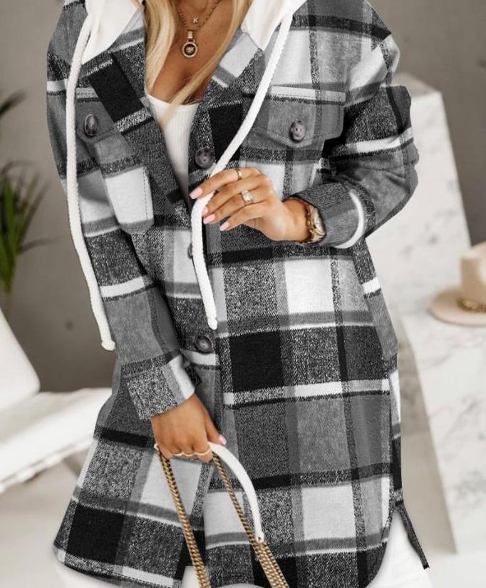 Damen Longline-Strickmantel mit Kapuze, Zierknöpfen und Kontrasttaschen – Montévia