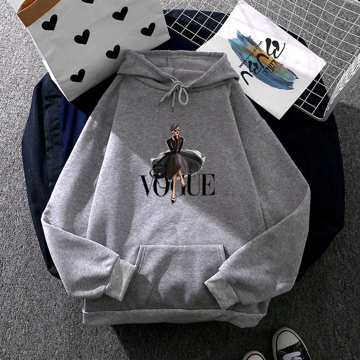 Damen modischer Kapuzenpullover mit Fashion-Illustration, geräumiger Eingrifftasche und kuscheligem Fleece – Auréline