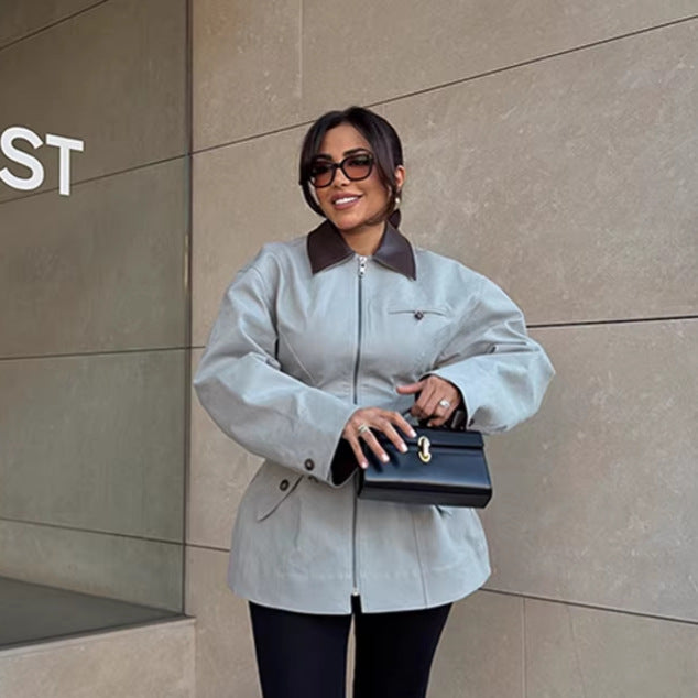 Damen Oversize-Jacke aus Lederoptik mit kontrastierendem Hemdkragen und Reißverschluss Echo Archiv