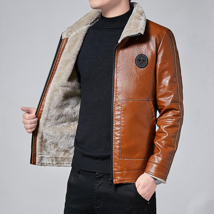 Herren Glänzendes Kunstleder-Blouson mit durchgehendem Teddyfutter und Stehkragen – Taviero
