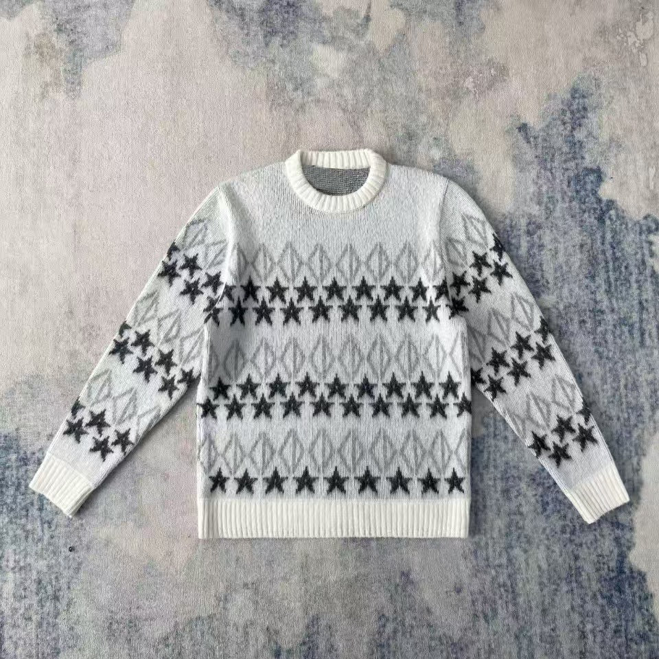 Damen nan melierter Rundhalsausschnittpullover mit kreisförmigem Jacquard-Yoke und geripptem Saum Echo Archiv