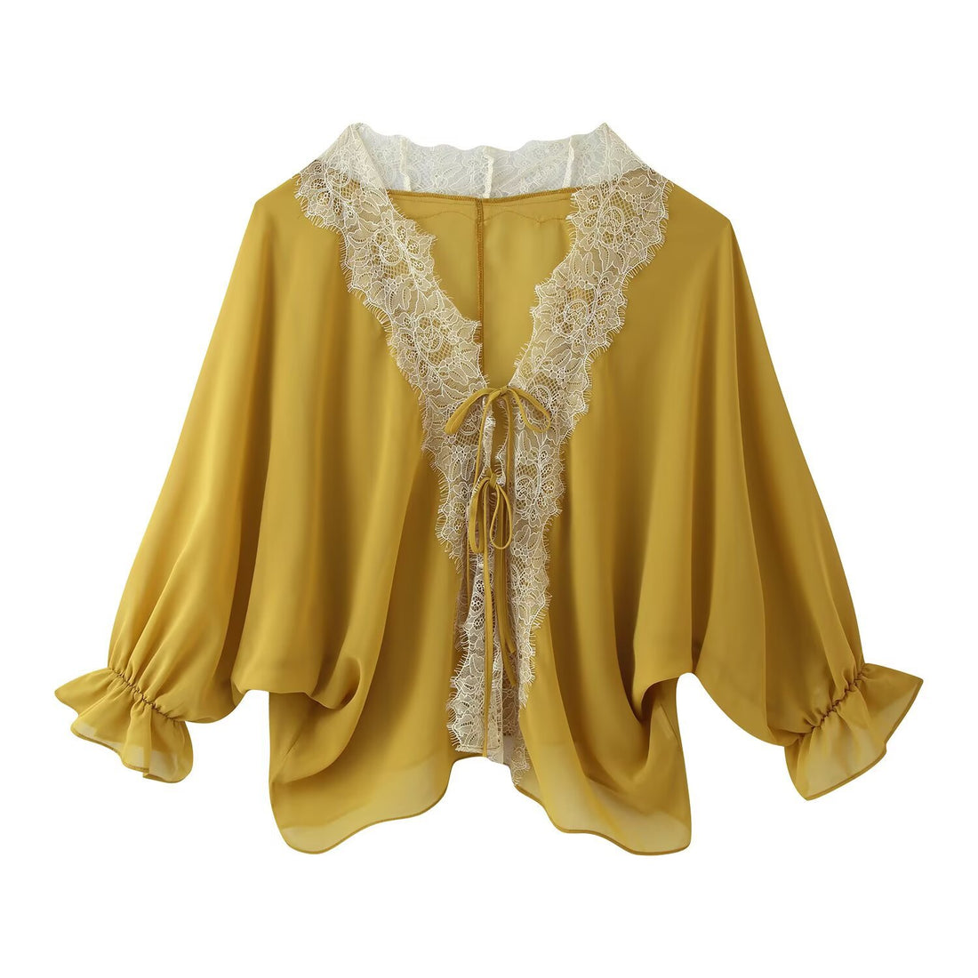 Damen Leichter Chiffon-Kimono mit Spitzenbesatz und Bindeband Echoarchiv