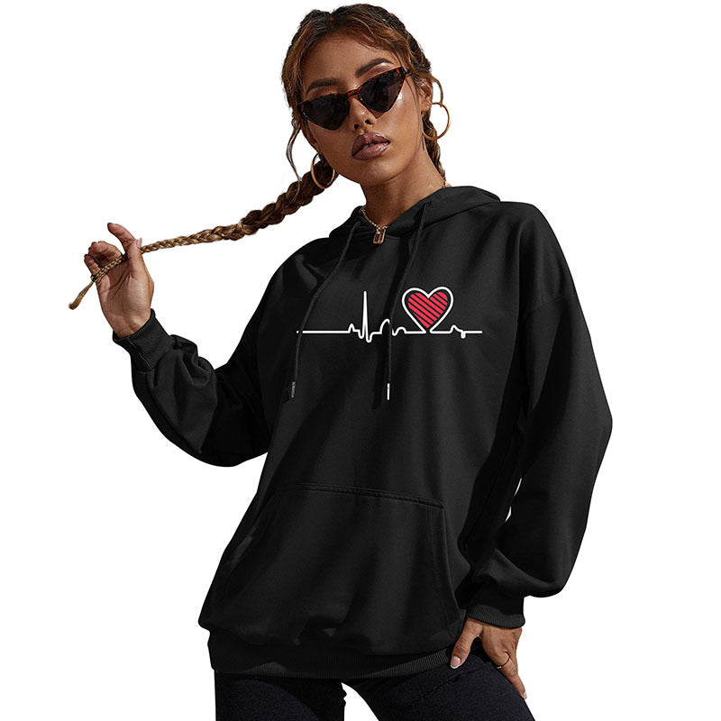 Damen Oversize-Kapuzenpullover mit Herz-EKG‑Print und Kängurutasche Echoarchiv