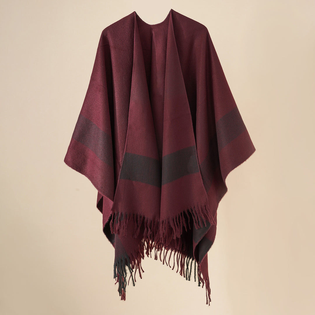 Damen Weit geschnittener Karierter Poncho mit Fransen und V‑Ausschnitt – Avérine