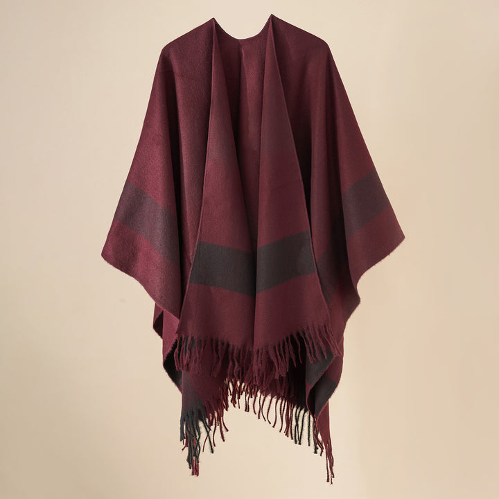 Damen Weit geschnittener Karierter Poncho mit Fransen und V‑Ausschnitt – Avérine