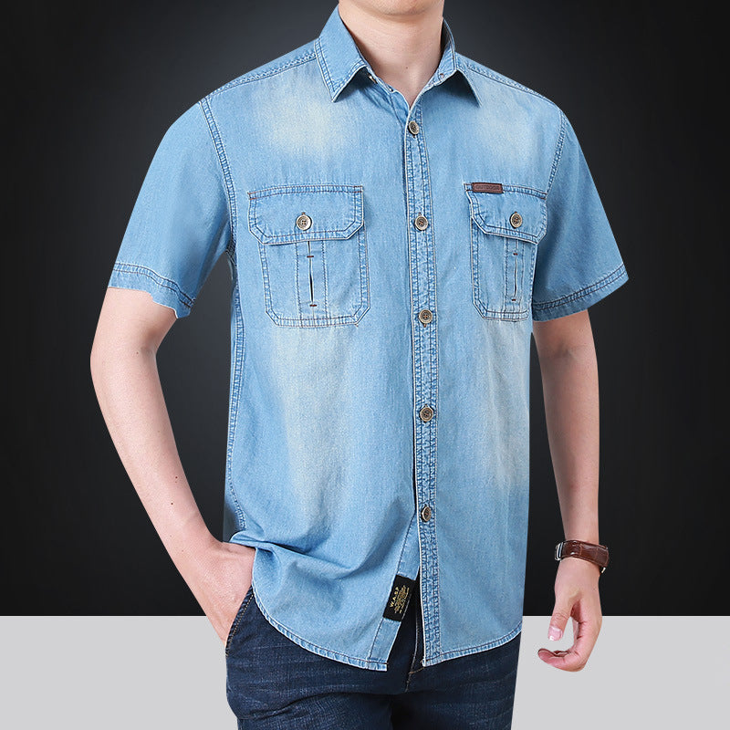 Herren kurzärmeliges Denim-Hemd mit aufgesetzten Taschen Echoarchiv