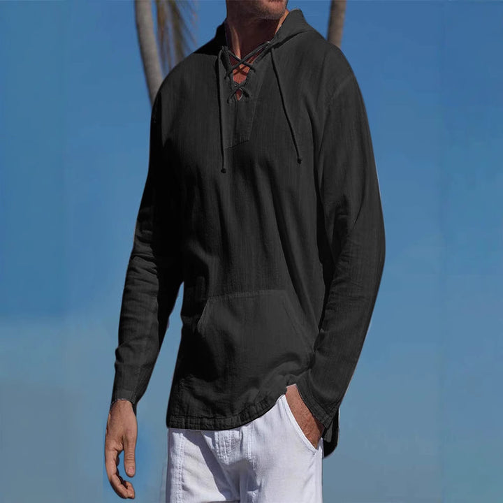 Herren lässiges Langarmshirt mit Kängurutasche und modischem Schnürdesign Echoarchiv