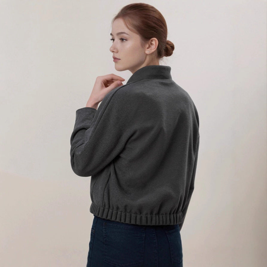Damen kuschelige Fleece-Bomberjacke mit Stehkragen Rippbund und Druckknopfleiste – Avenza