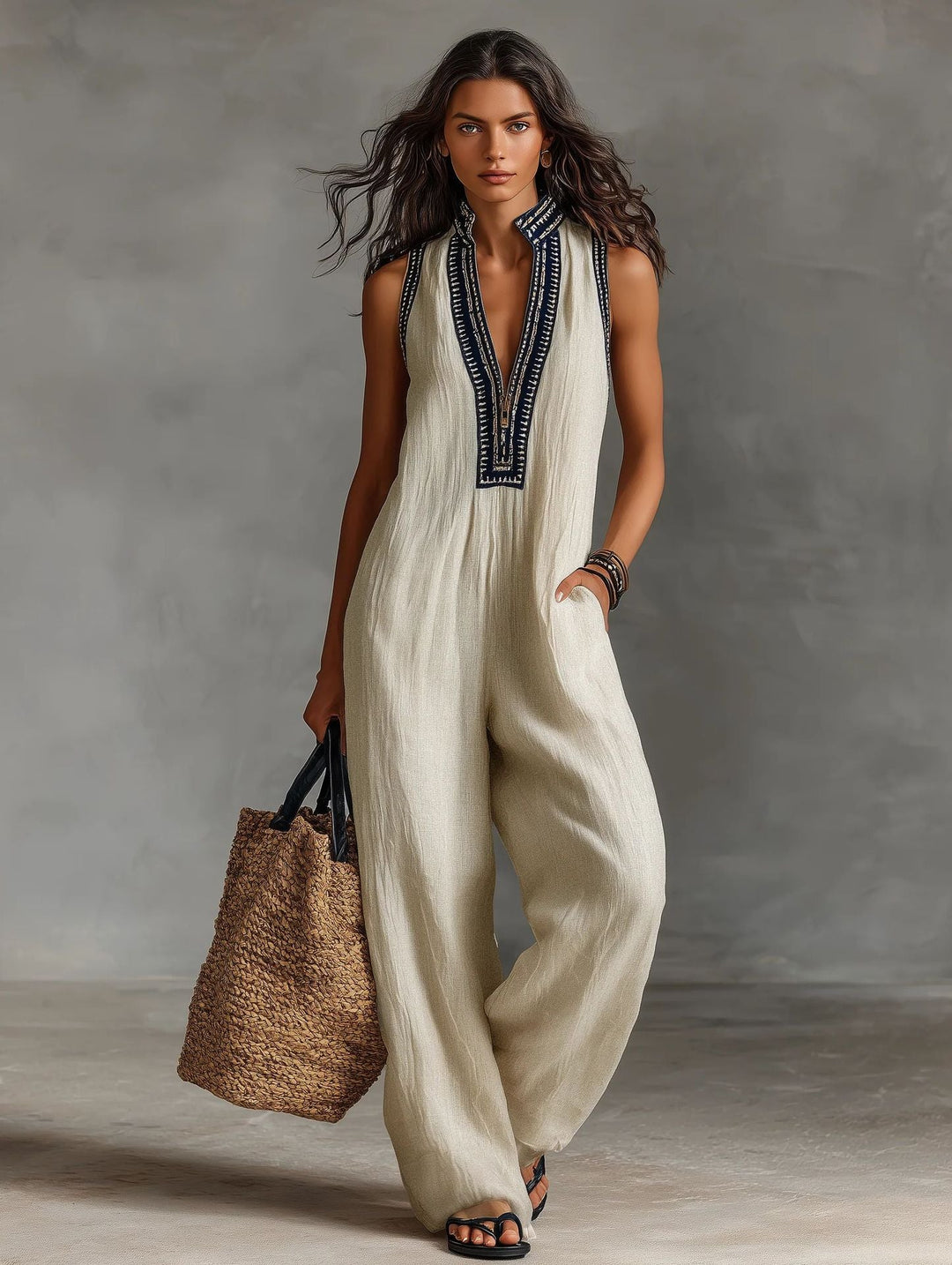 Damen luftiger Jumpsuit mit elegantem V-Ausschnitt und besticktem Kragen Echoarchiv